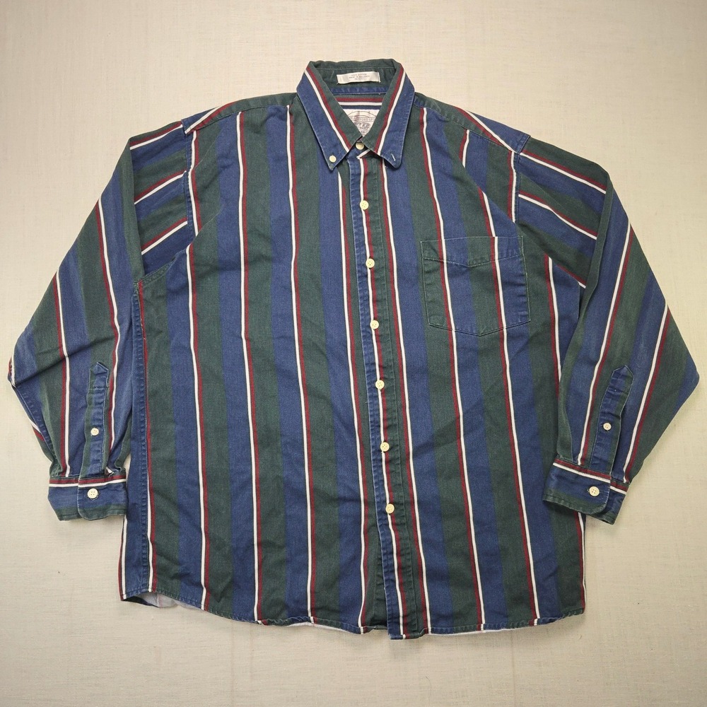 VTG John Ashford Sport Striped Shirt‎ Green Blue Mens Medium Long Sleeve Cotton